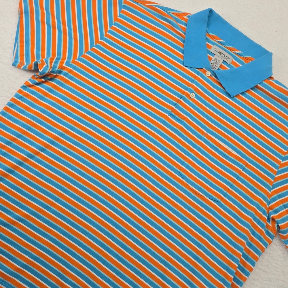 Sun River Mens XXL Striped Polo Shirt Blue Orange White Short Sleeve